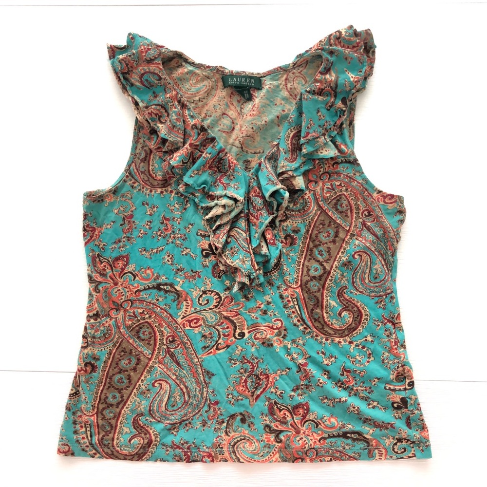 Lauren Ralph Lauren Paisley Ruffles Sleeveless Jersey Top